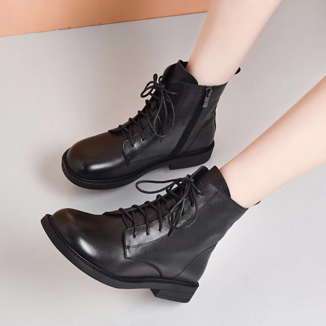 GPTSu平跟马丁靴女冬加绒款 休闲系带圆头短靴侧拉链平底骑士踝靴