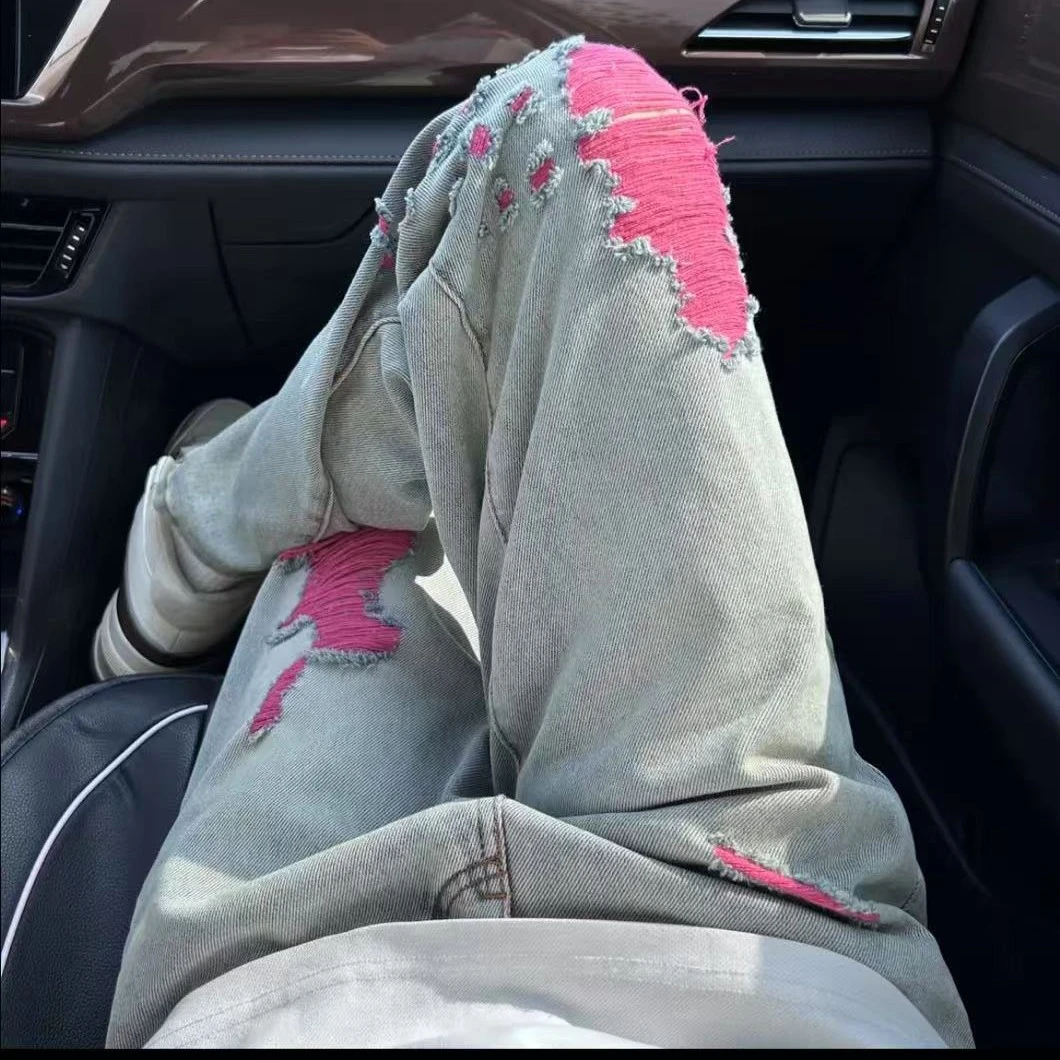 原创潮牌设计感春夏薄款高街破洞牛仔裤男宽松直筒休闲时尚裤子男