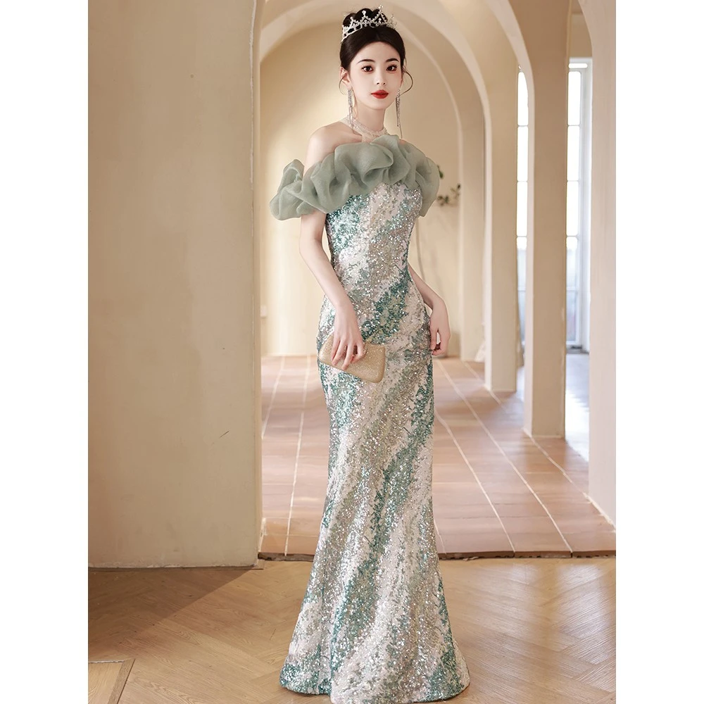 法式高端鱼尾裙名媛宴会气质晚礼服裙女亮片高级感年会性感主持人