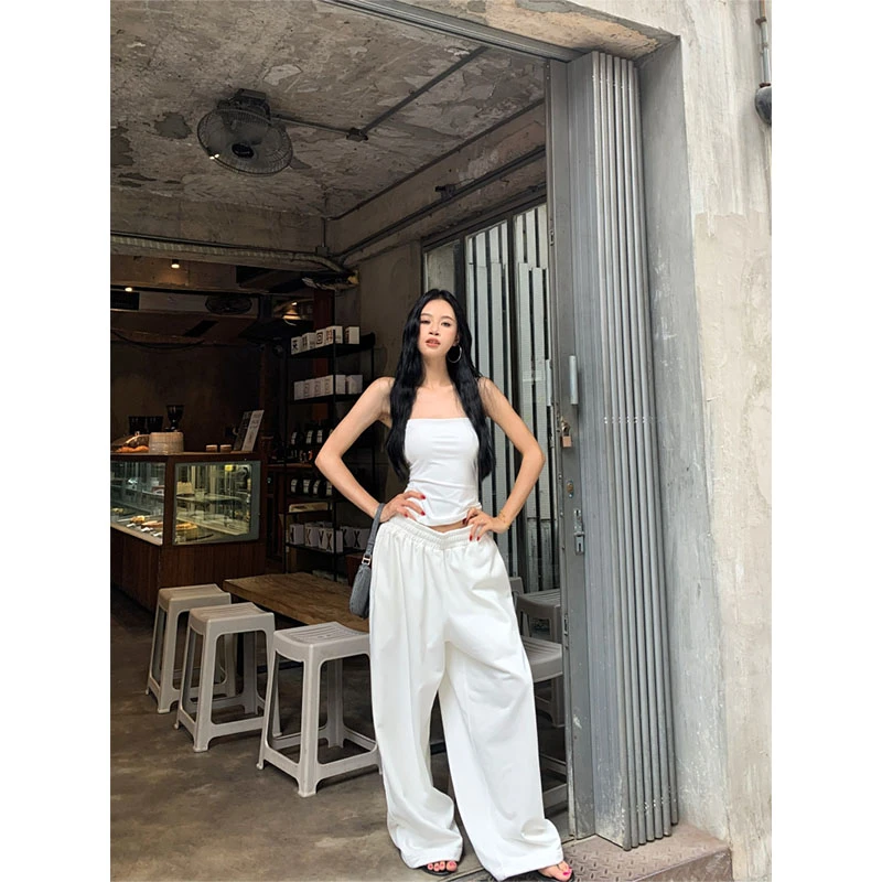 新款白色一字肩背心女辣妹收腰露背抹胸上衣高腰修身显瘦阔腿裤