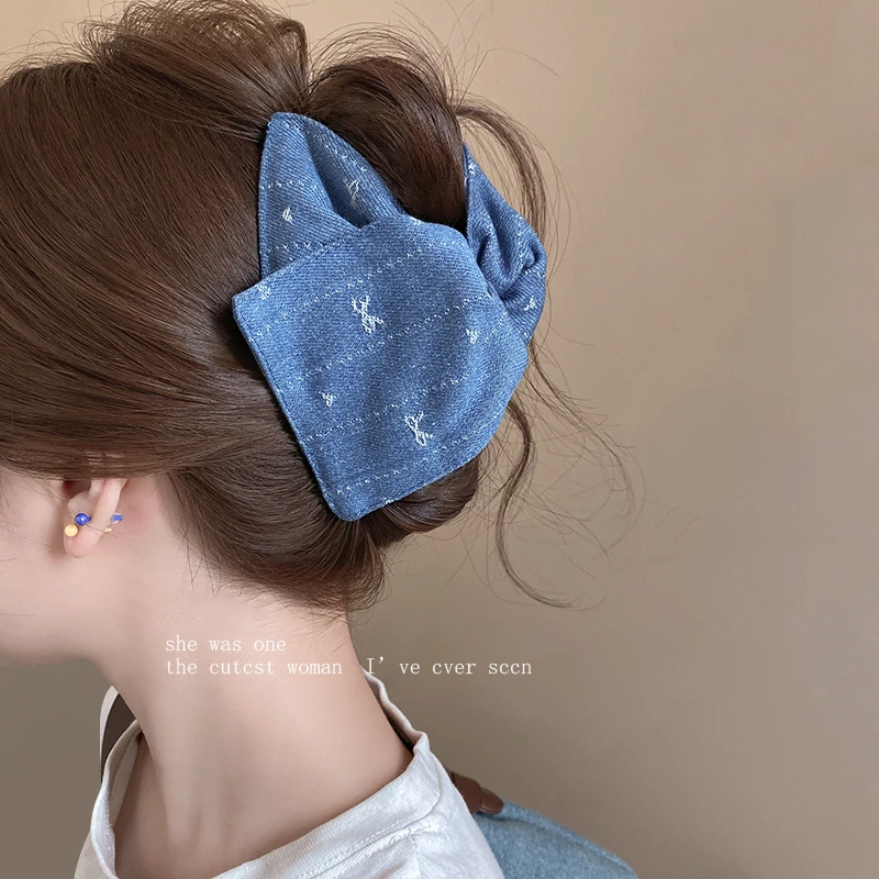 韩系牛仔蝴蝶结刺绣三角抓夹女高级感2025新款盘发夹子鲨鱼夹发饰