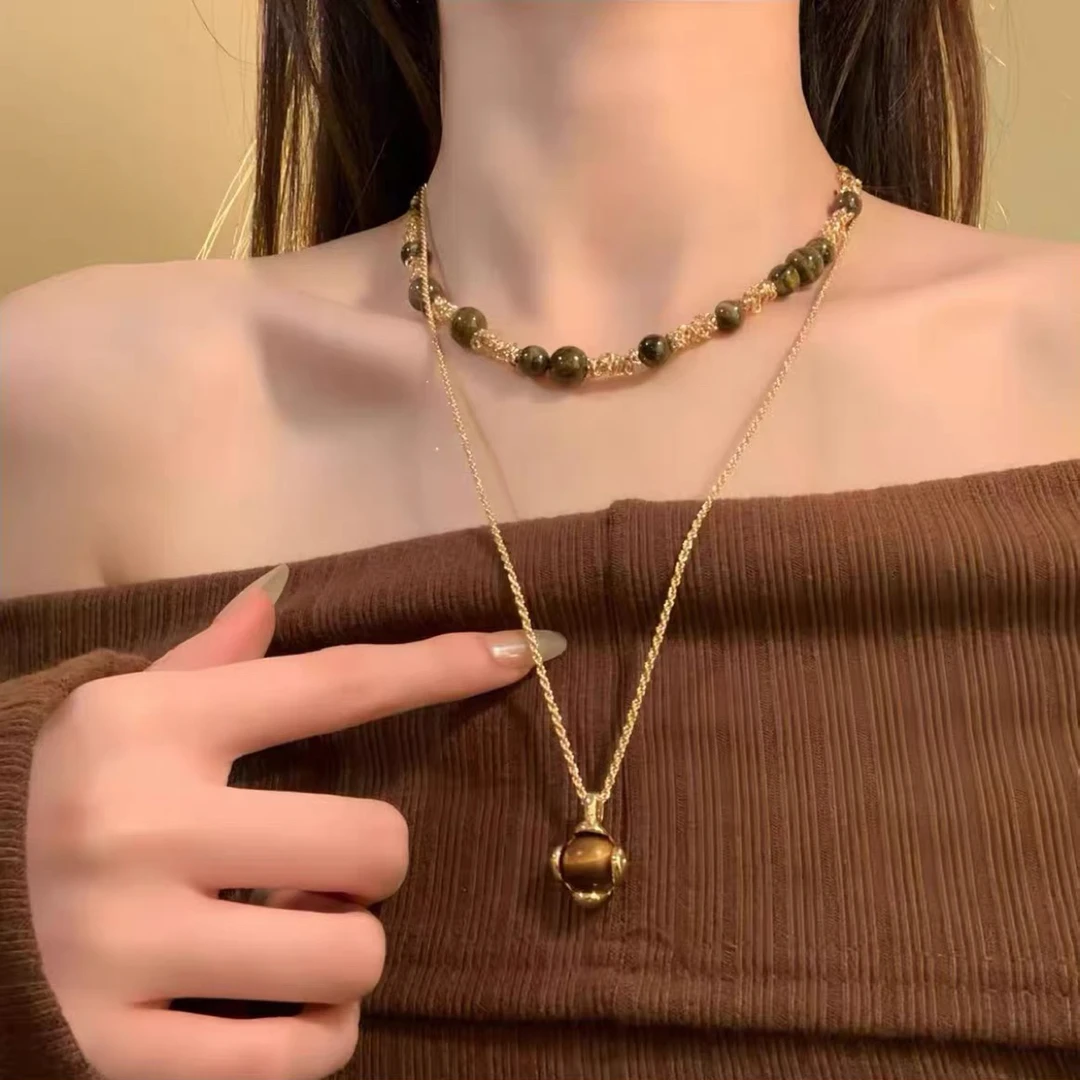 铜合金项链 复古氛围感虎眼石叠戴项链女款颈链轻奢锁骨链毛衣l