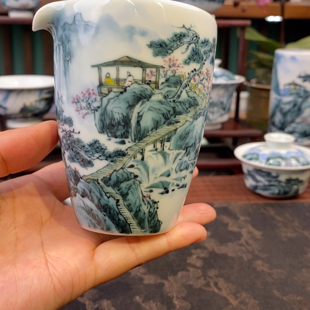 手工陶瓷柴窑青绿山水公道杯