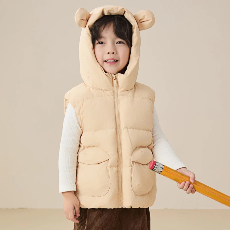 小熊马甲宝宝冬季童装男童坎肩女童纯色保暖外穿马甲连帽