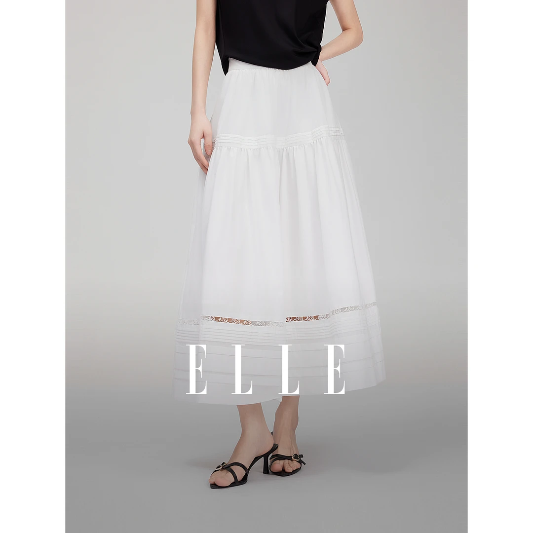 ELLE2025夏季新款大A版型松紧腰时尚精致镂空花边半身裙ER51167