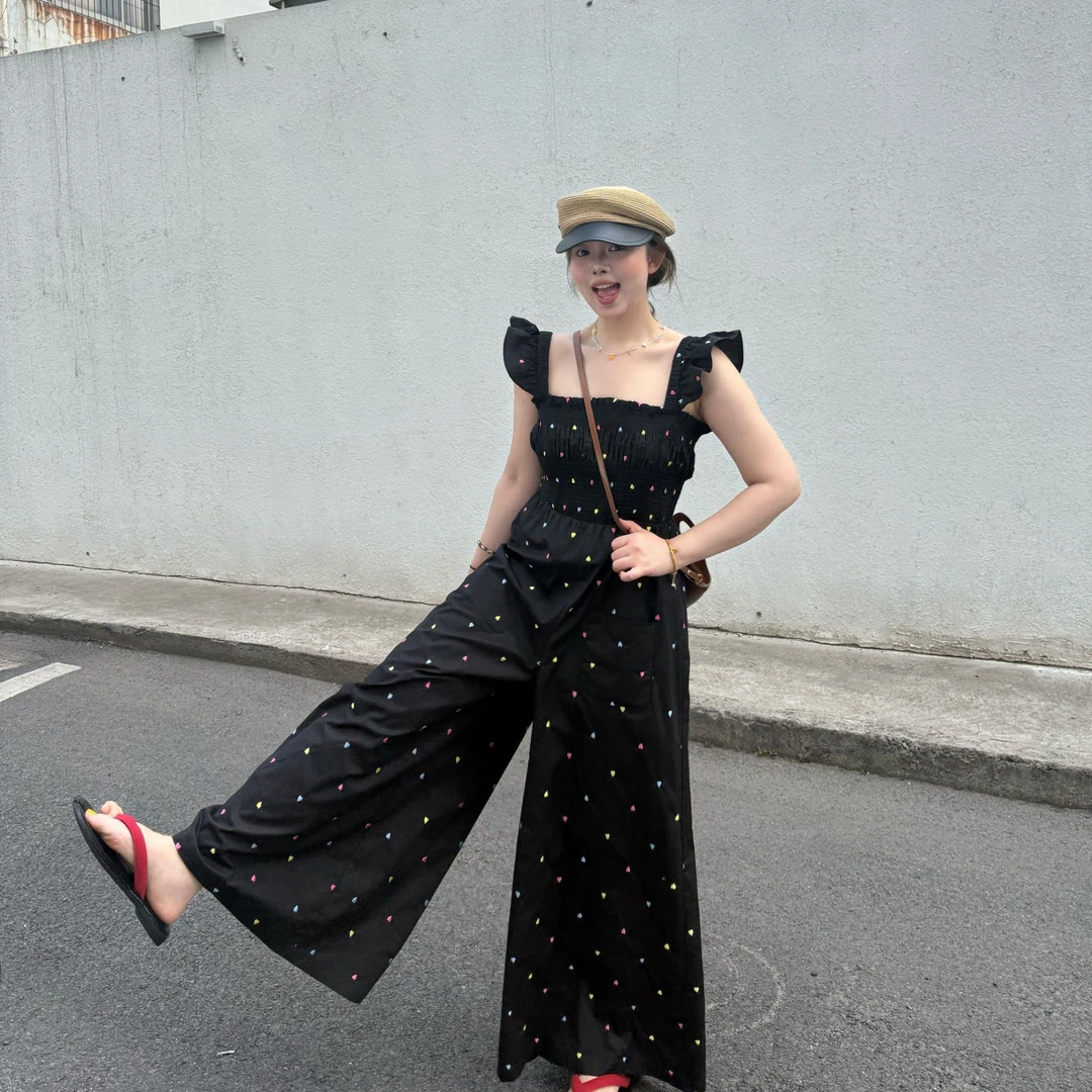 晶咕软软【纽约时代】复古高腰宽松韩版时尚爱心绣花打揽连