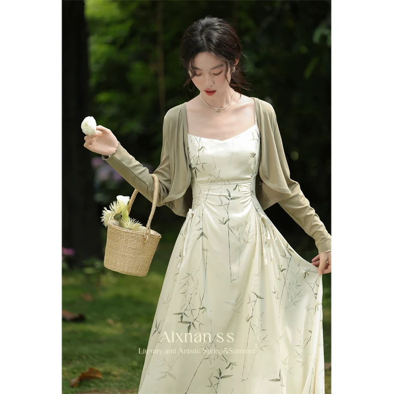 「奶油绿竹」国风吊带连衣裙套装2024新款女夏季气质裙子L36310