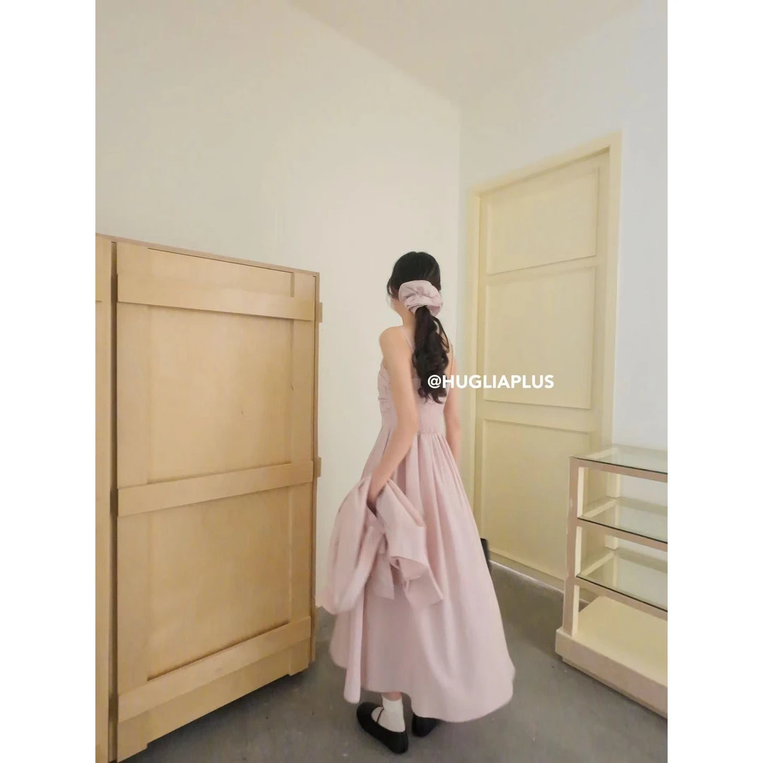 66021#韩系甜美褶皱设计感吊带连衣裙