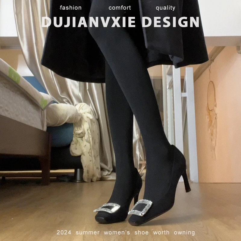 2025秋季新款黑色绒面水钻方扣高跟鞋女气质百搭舒适时尚方头女鞋