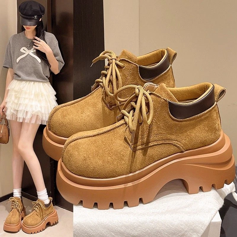 2025新款秋季厚底增高磨砂皮短筒马丁靴女鞋英伦百搭系带小个子短