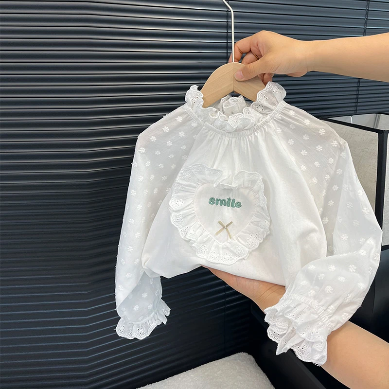 女童波点衬衫春秋薄款长袖纯棉宝宝网红洋气时髦上衣儿童白衬衣潮