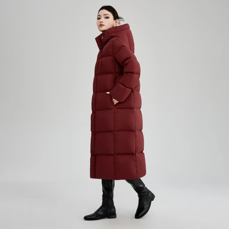 冬季新款90白鸭绒羽绒服女长款过膝加厚连帽时尚百搭保暖修身外套