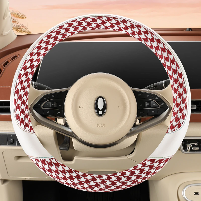 棉麻方向盘套四季通用卡通格子汽车把套高级感超薄防滑吸汗保护套