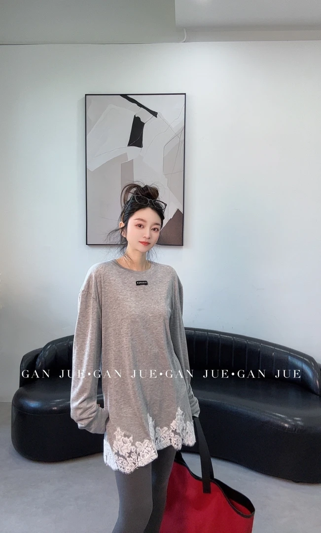 FIZZFLY 设计师品牌25春季 蕾丝花边 灰色 长袖T恤 ganjue买手店