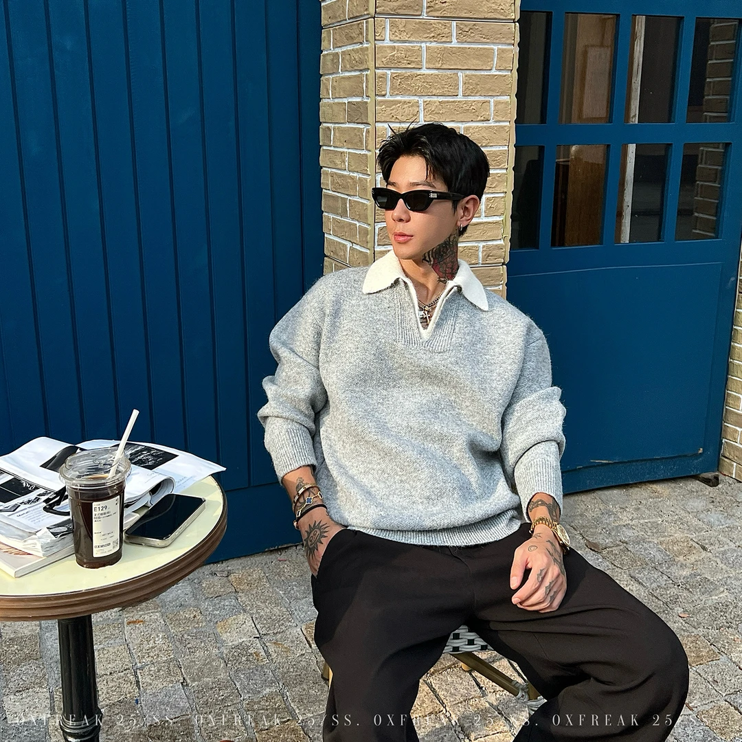 OXFREAK「老钱风 假两件」重磅粗针polo领毛衣男秋冬季翻领针织衫