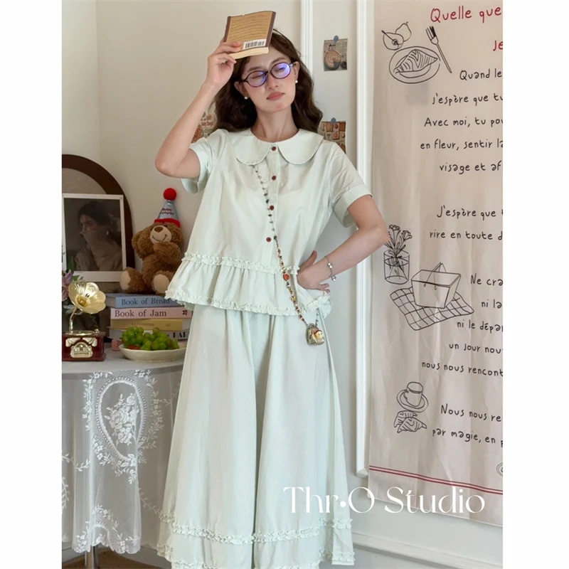 【绿芽】甜美清新木耳边短袖衬衫女娃娃领上衣+高腰半身裙套装