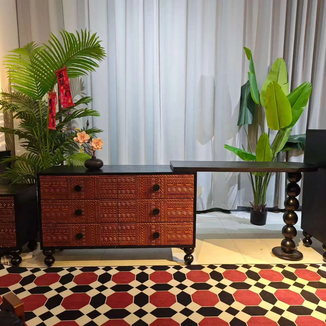 新中式中古雕花梳妆倒台柜卧室梳妆台餐边简约轻奢装饰收纳柜