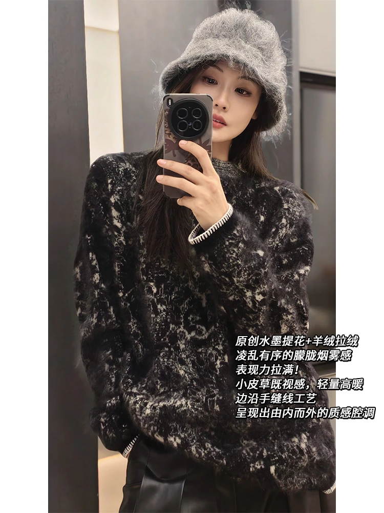 美yang同款100%拉绒羊绒衫手工编织水墨画山羊绒圆领女提花针织衫