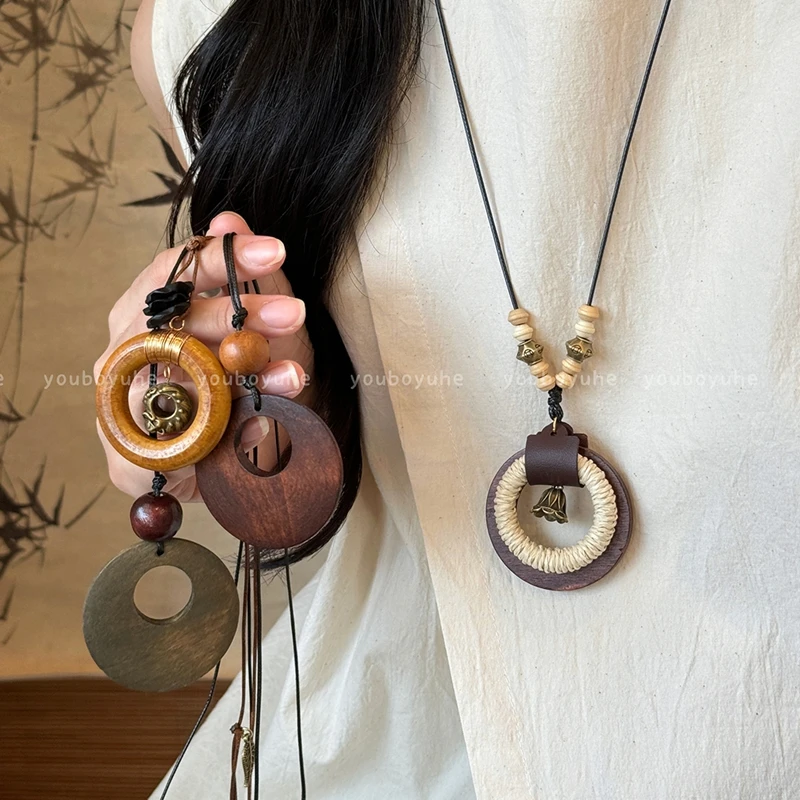 合金棉绳项链 复古民族风禅意平安扣项链女新中式长款毛衣链C129