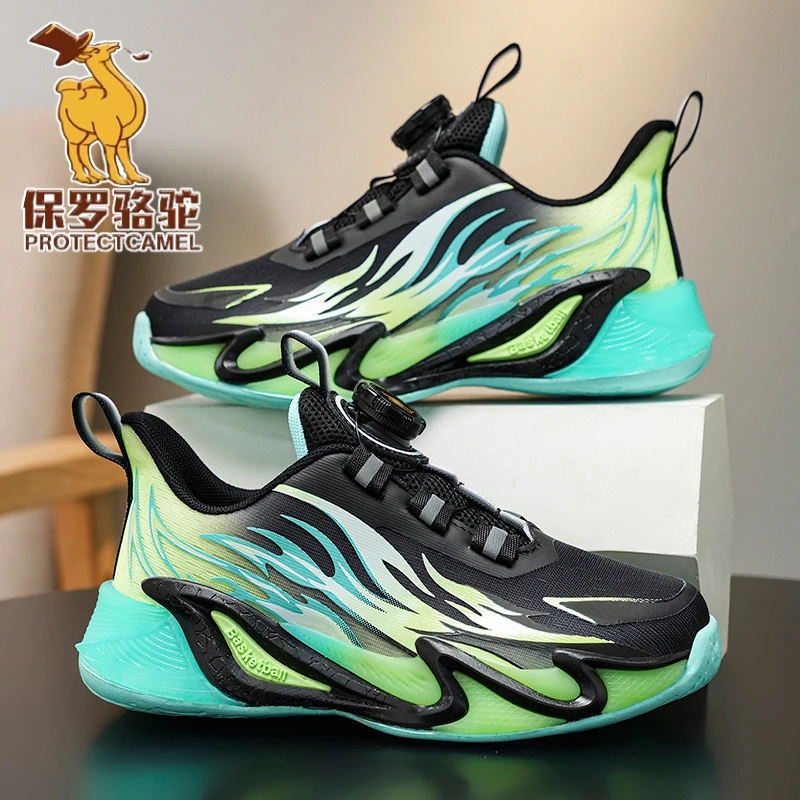 保罗骆驼儿童运动鞋秋季2025新款软底旋钮扣帅气篮球鞋青少年鞋子