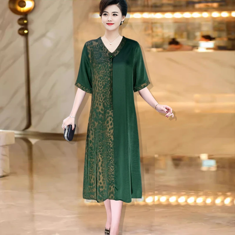 506短袖新款妈妈连衣裙大码时尚夏季长裙中老年宽松真丝裙子复古