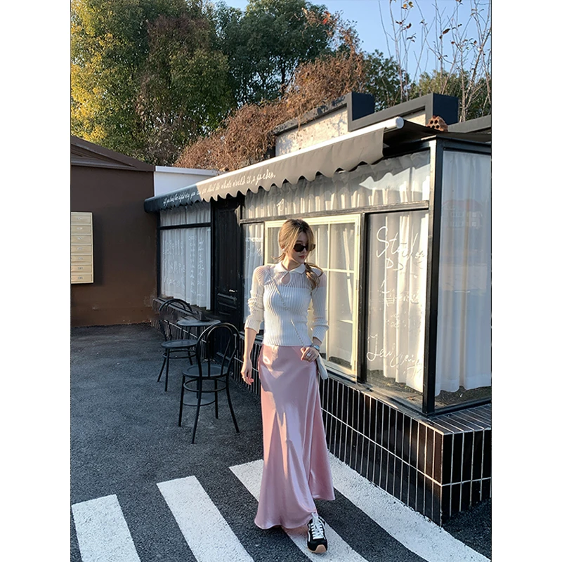 轻熟风性感缕空设计修身显瘦白色长袖上衣高腰包臀大摆裙两件套女