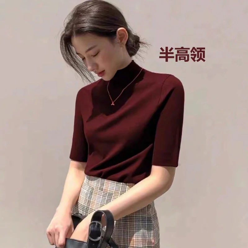 早秋上衣女小立领T恤新款韩版修身半高领五分袖纯色上衣内搭ins