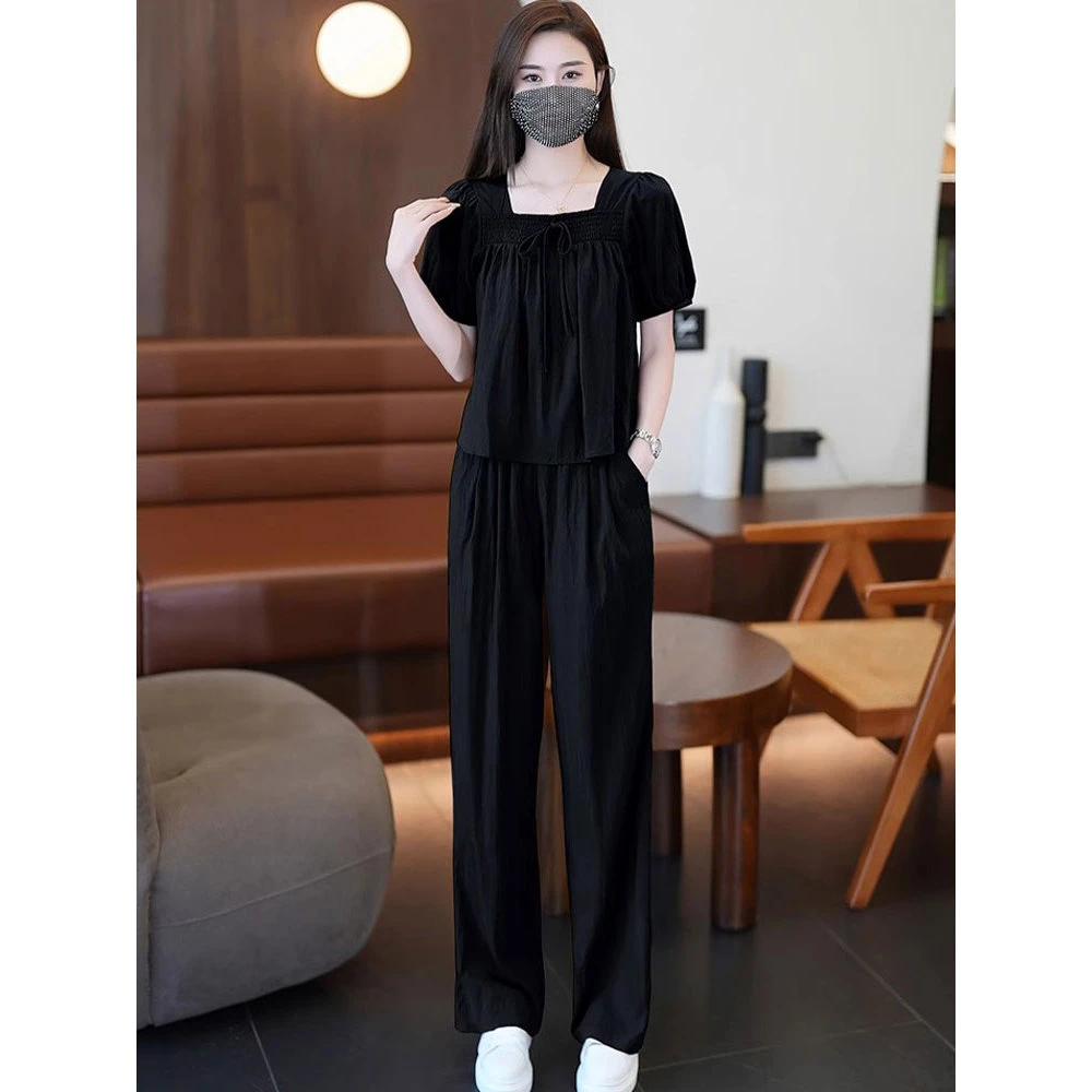 方领阔腿裤套装女2025夏季新款小个子时尚洋气减龄上衣裤子两件套