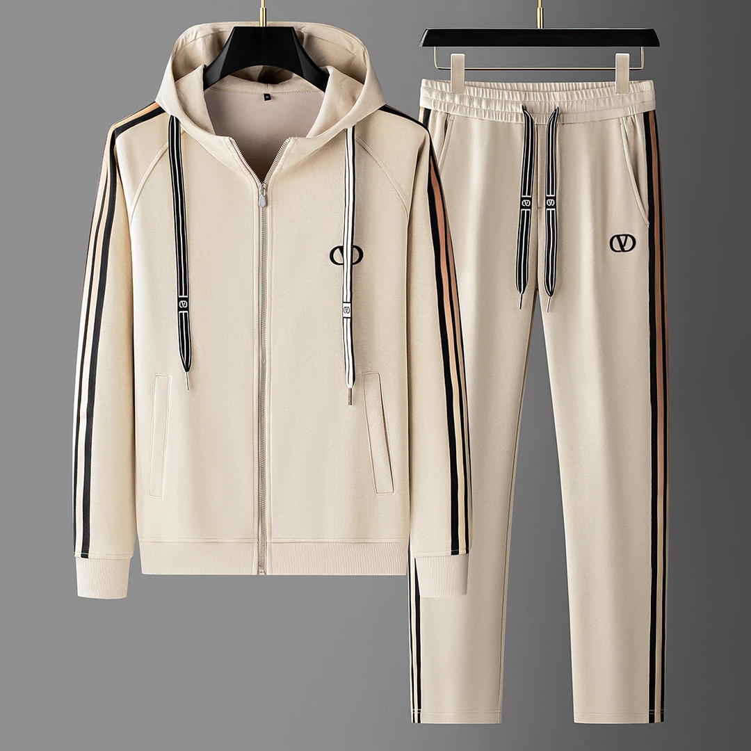 秋季时尚开衫两件套装撞色织带太空棉男士卫衣连帽休闲运动套装男