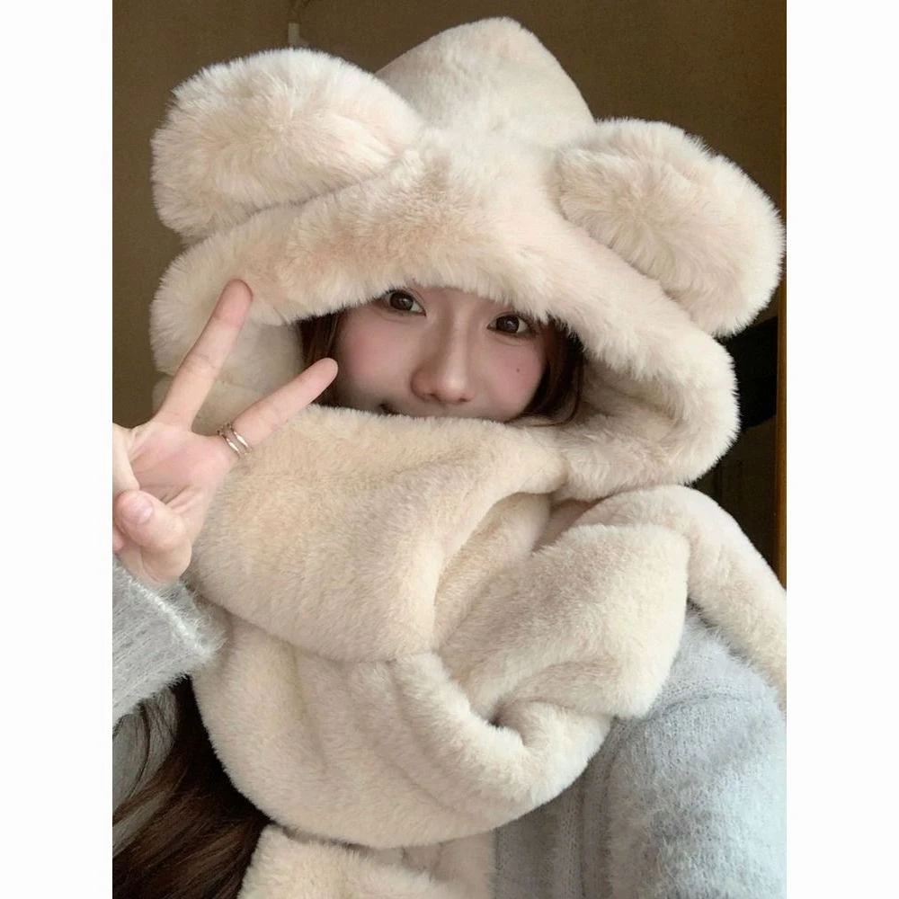 小熊帽女秋冬季毛绒帽加厚保暖围巾手套帽子女2025新款爆款洋气