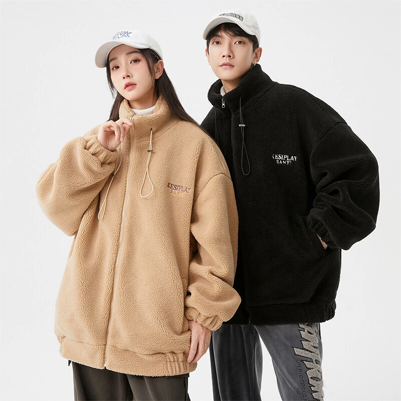 HD1153港风潮牌冬季保暖羊羔绒情侣刺绣字母加厚颗粒绒棉衣