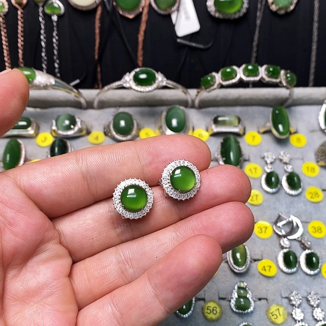 和田玉（碧玉）银S925镶嵌耳饰