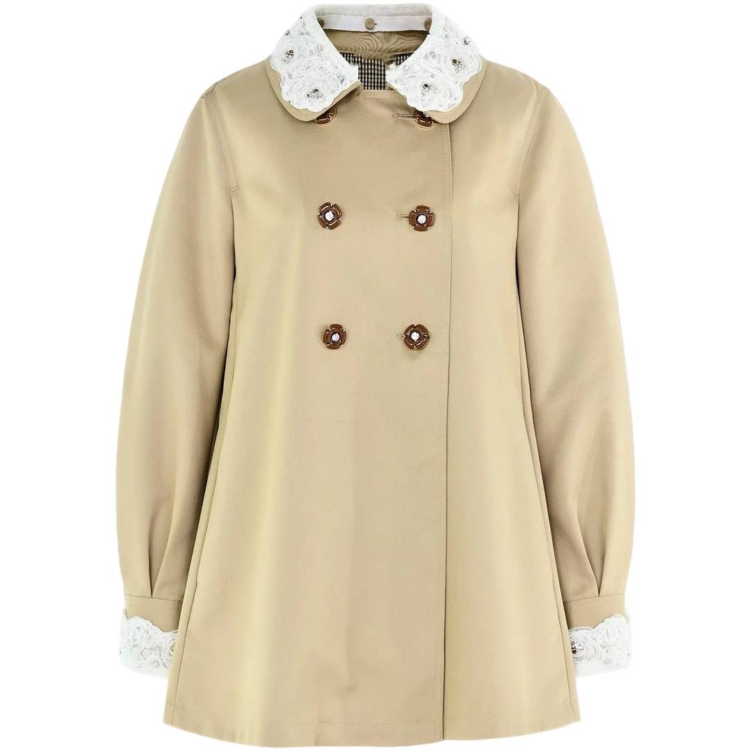 【D138】2025秋季新款卡其色蕾丝绣花重工订钻娃娃领中长款风衣韩范