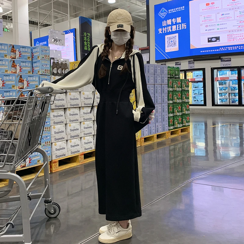 套头春季V领长袖中长裙连衣裙休闲针织秋季裙子减龄春秋显瘦气质