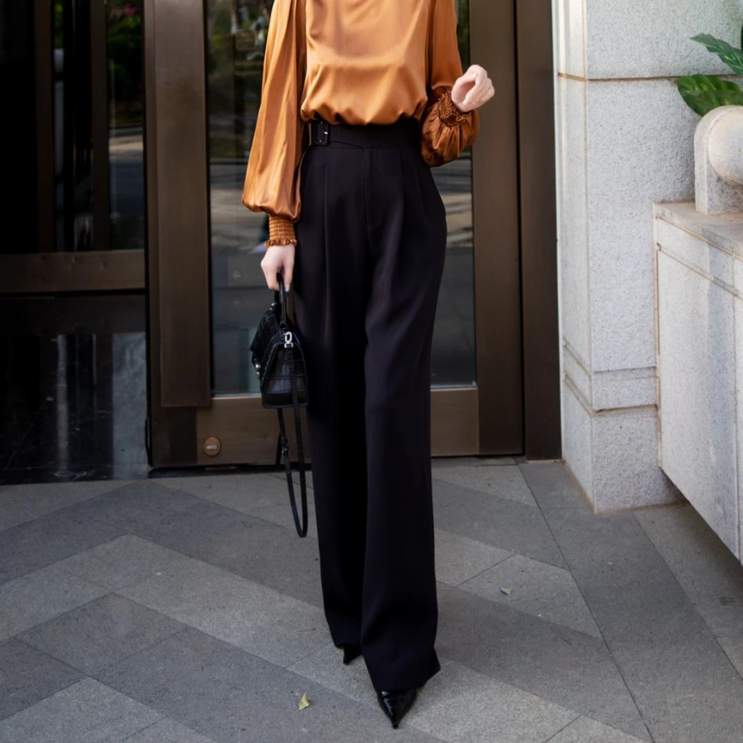 GS黑色/白色腰间包扣裤子优雅时尚经典款(醋酸)