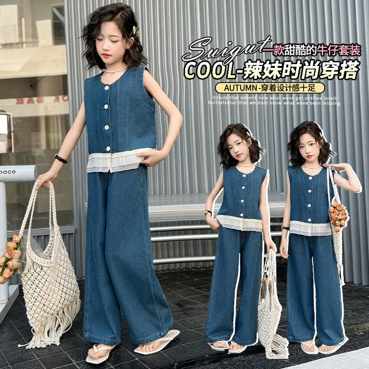 母女装 女童亲子同款25年夏季新品牛仔花边套装时尚女孩甜酷洋气