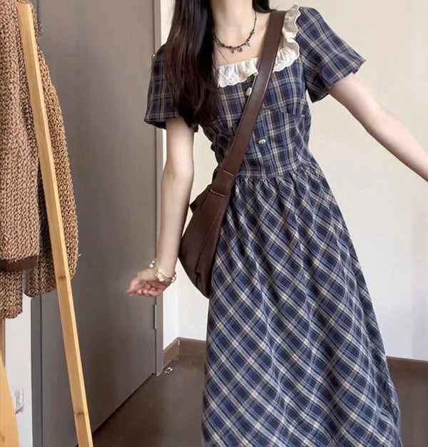 韩版格子短袖连衣裙女大童夏季新款温柔风小清新超仙高腰修身显瘦