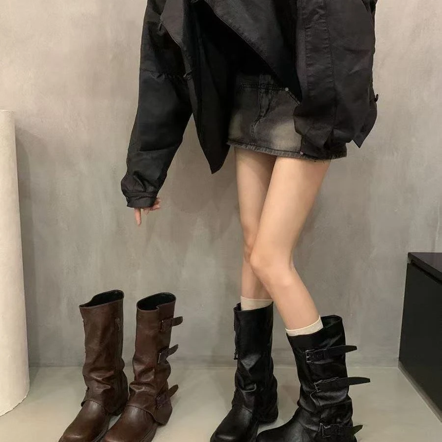 秋季马丁靴子女2025新款复古厚底中筒靴西部牛仔堆堆裤管靴骑士靴