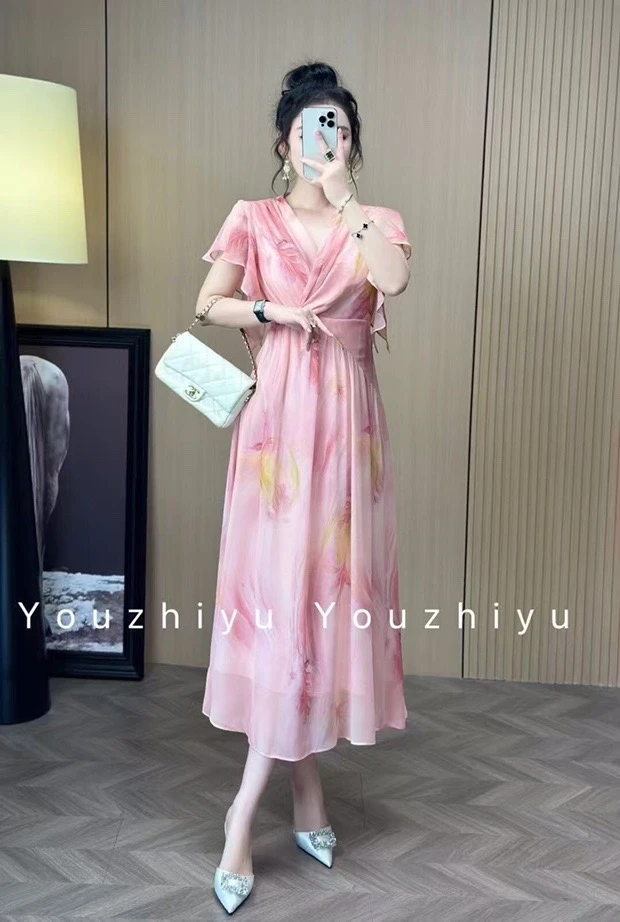 夏季优雅长裙松紧腰A字裙连衣裙印花时尚女装温柔宽松甜美