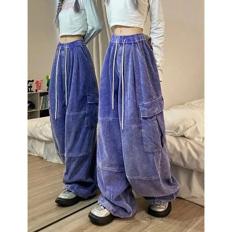 大码胖mm美式加厚灯芯绒工装裤女秋冬2-300斤宽松显瘦休闲阔腿裤