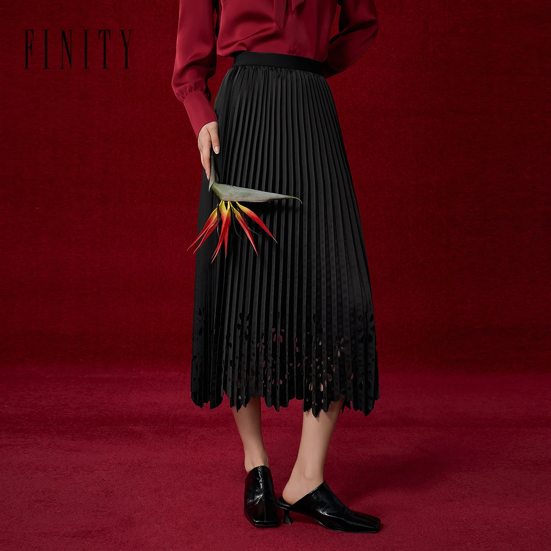 【粉丝专享】FINITY 新款纯色简约中长款气质百褶裙 F21XCA07Q3