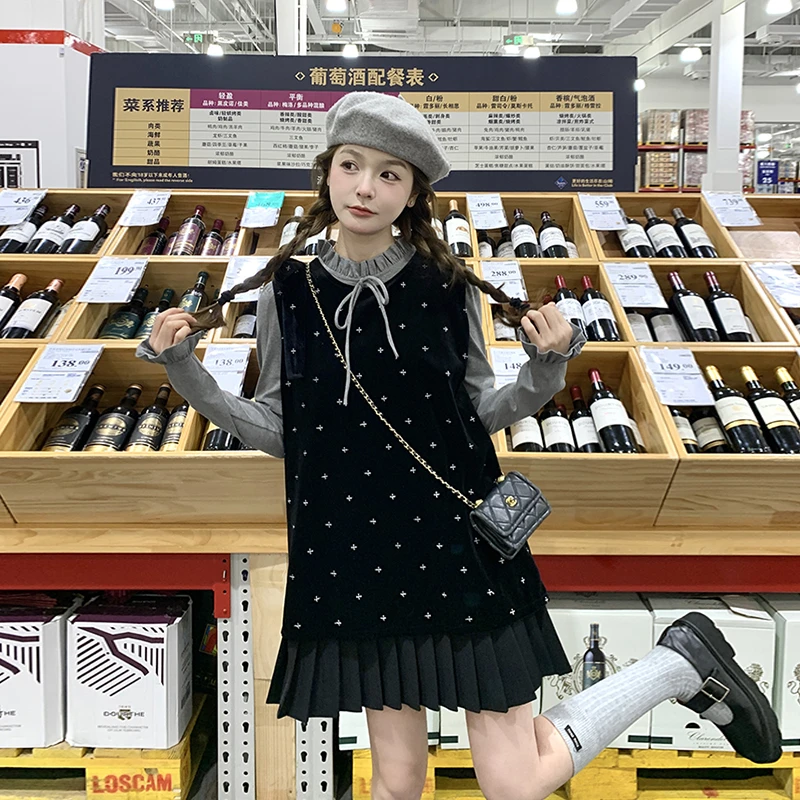 法式复古小香风连衣裙套装女春秋季系带打底上衣刺绣背心裙两件套