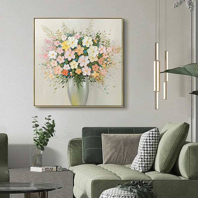 纯手绘油画繁花似锦百搭餐厅挂画奶油风客厅沙发背景画轻奢玄关画