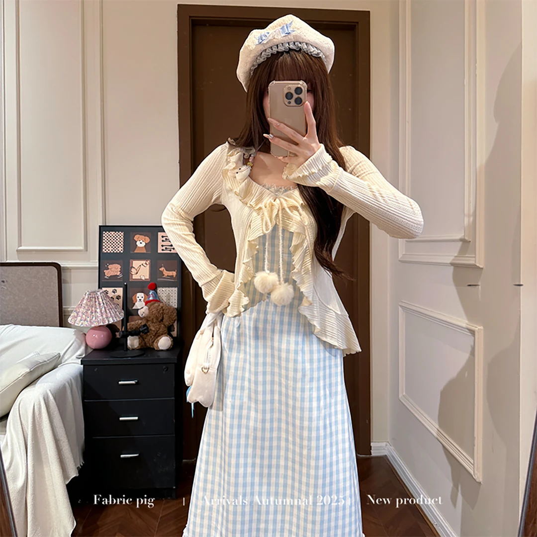 心动百利甜 织物猪原创 甜美风蓝色格子吊带连衣裙女秋A字长裙