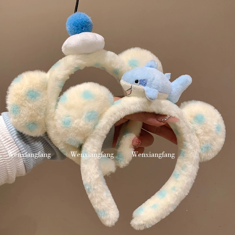 可爱波点小熊耳朵毛绒发箍女冬季立体小鲨鱼洗脸化妆拍照发饰头箍