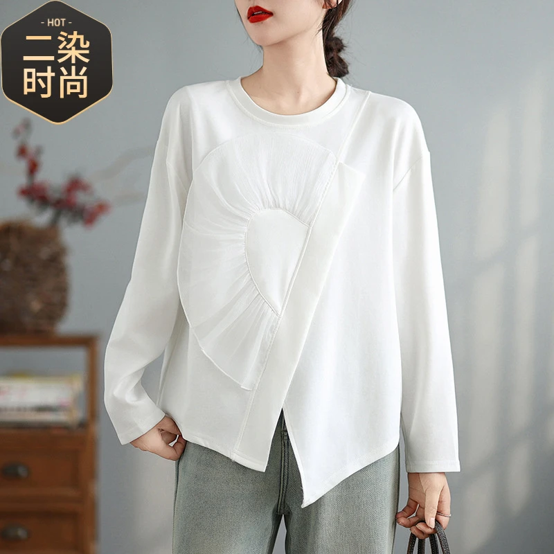 大码宽松显瘦花朵长袖恤秋季时尚洋气设计感圆领女夏季百搭韩上衣