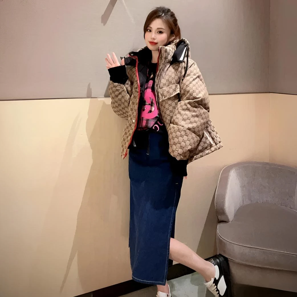 99新 GUCCI/古驰 250846/38码/双G满印拉链连帽羽绒服
