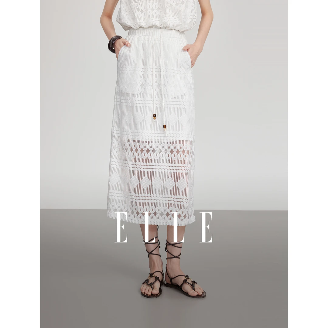 ELLE白色镂空绣花度假风半身裙女2025夏季新款波嬉ER52396