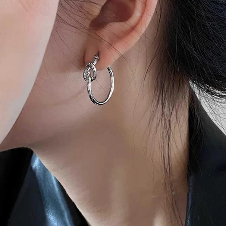 欧美简约绳结圈圈耳环女打结耳钉冷淡风时髦镀金银