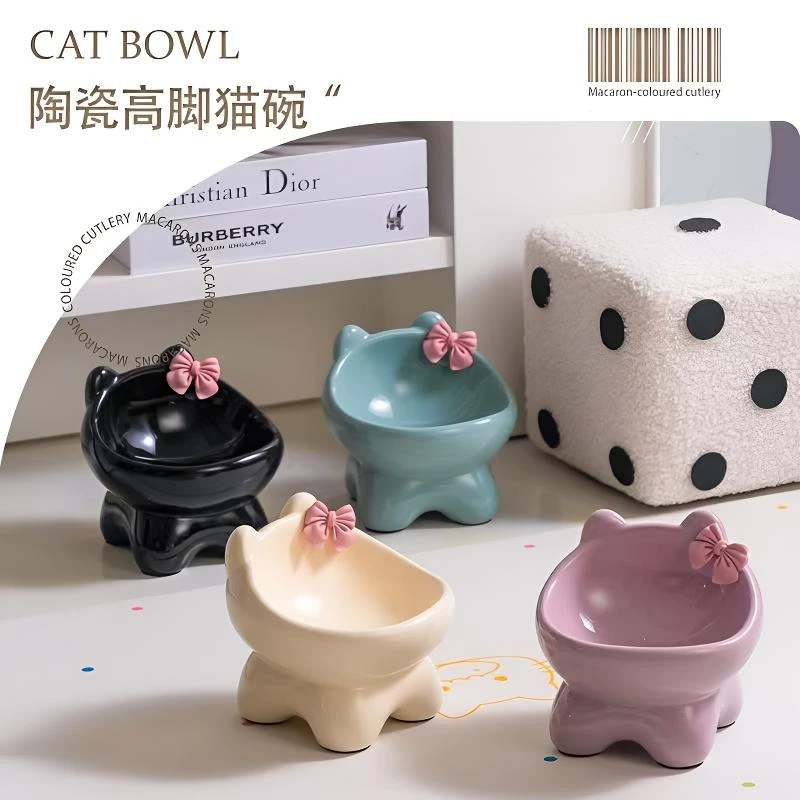 大号蝴蝶结陶瓷高脚碗宠物饭碗猫碗狗狗碗猫粮碗猫咪碗猫粮盆猫碗